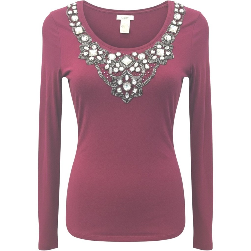 Cache Long Sleeve Top XS Berry Embellished Crystal Scoop Neck